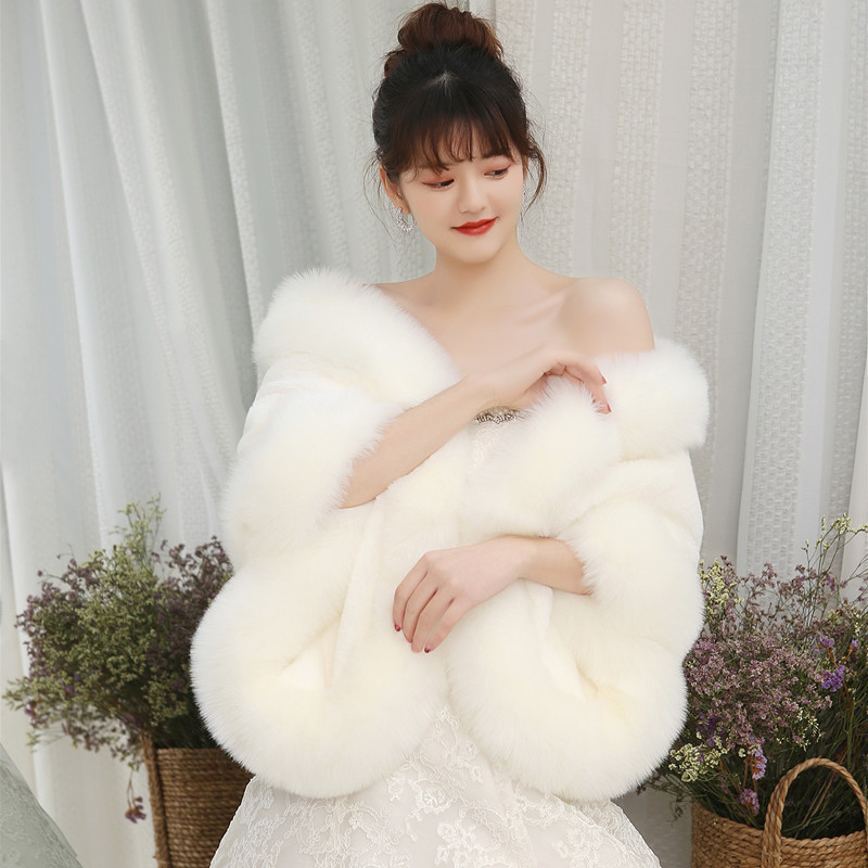 Mink Skin Happy Mom Winter Bride Rókaszőrme Kendő Esküvői Ruha Cape Dress Cheongsam Szőrme Cape Outwear Fehér Női