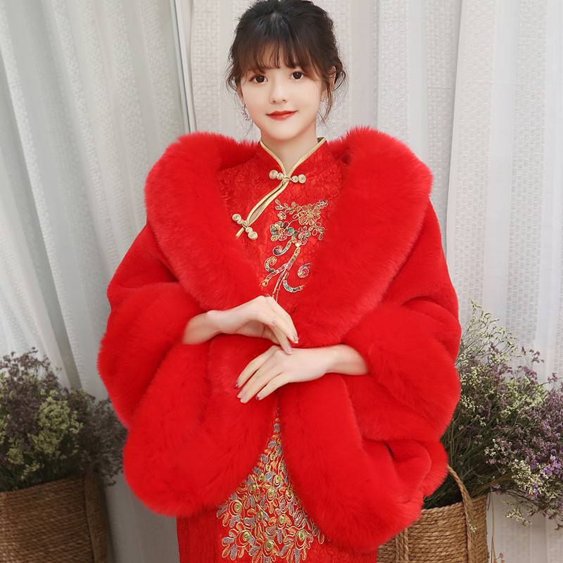 Mink Skin Happy Mom Winter Bride Rókaszőrme Kendő Esküvői Ruha Cape Dress Cheongsam Szőrme Cape Outwear Fehér Női