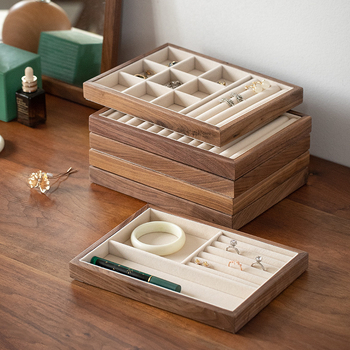 Musta pähkli täispuidust ehete hoiukarp suure mahutavusega kõrvarõngaste kaelakee ehtekarp väike dekoratiivkarp tehase sirged juuksed