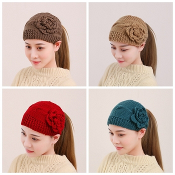 Φθινόπωρο και χειμώνα ζεστό πλεκτό μάλλινο καπέλο με κορδέλα μαλλιών με λουλούδια, κάλυμμα κεφαλής λευκή γυναικεία κορδέλα μαλλιών
