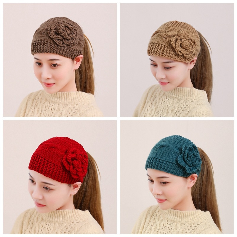 Sügis-talvine soe kootud villane juuksepaelmüts lilleline juuksepael peakatte kate valge juustega peapael naistele