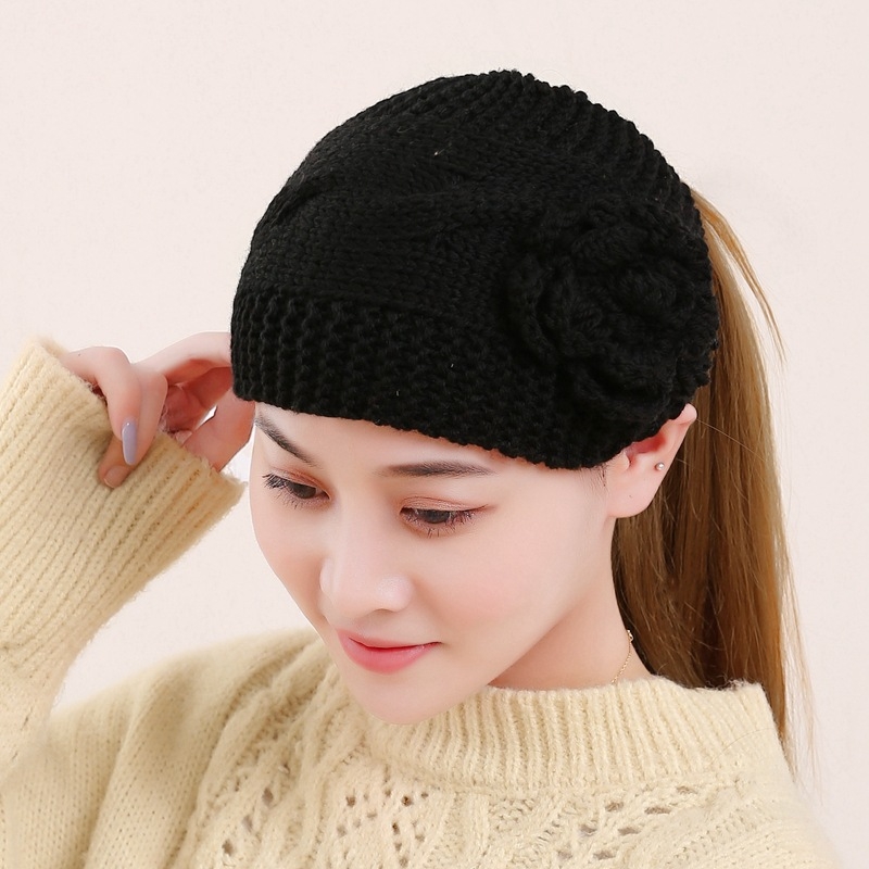 Sügis-talvine soe kootud villane juuksepaelmüts lilleline juuksepael peakatte kate valge juustega peapael naistele