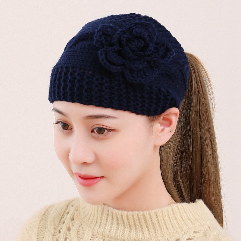 Sügis-talvine soe kootud villane juuksepaelmüts lilleline juuksepael peakatte kate valge juustega peapael naistele