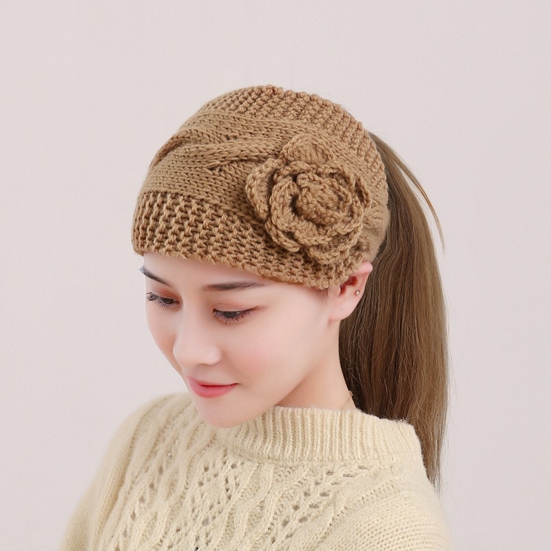 Sügis-talvine soe kootud villane juuksepaelmüts lilleline juuksepael peakatte kate valge juustega peapael naistele