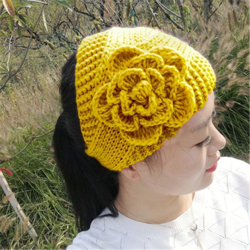 Sügis-talvine soe kootud villane juuksepaelmüts lilleline juuksepael peakatte kate valge juustega peapael naistele