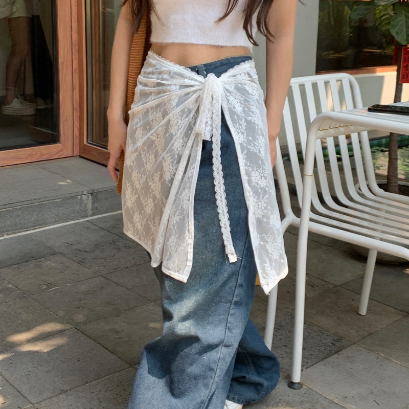 Proljetna niša za 2024. godinu, korejski stil, bijela čipkasta zavjesa za prdenje za žene, slatka suknja s vezanjem, univerzalna pregača, navlaka za suknju