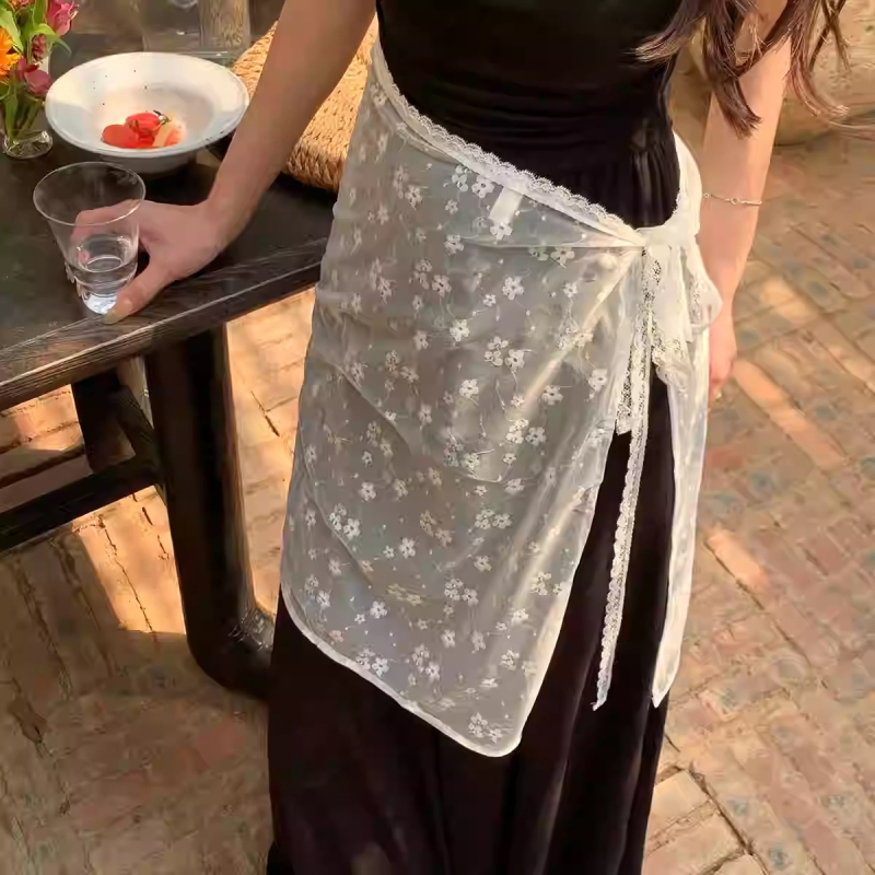 Proljetna niša za 2024. godinu, korejski stil, bijela čipkasta zavjesa za prdenje za žene, slatka suknja s vezanjem, univerzalna pregača, navlaka za suknju
