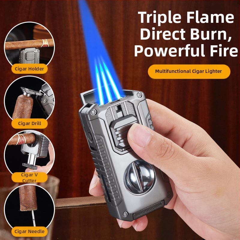 Loominguline viis-ühes kolme tulega otsesüütega sigarisüütaja, millel on V-kujuline sigarilõikur, kaasaskantav multifunktsionaalne süütaja