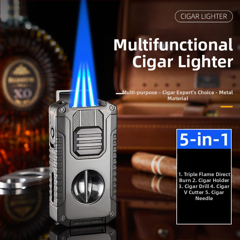 Loominguline viis-ühes kolme tulega otsesüütega sigarisüütaja, millel on V-kujuline sigarilõikur, kaasaskantav multifunktsionaalne süütaja