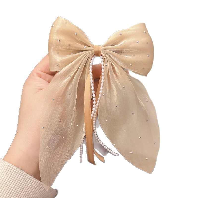 Határokon átnyúló új Gipsophila gyöngyházfényű gyémánt masni szalaggal hajtű női lófarok felső klip ruházati hajtű