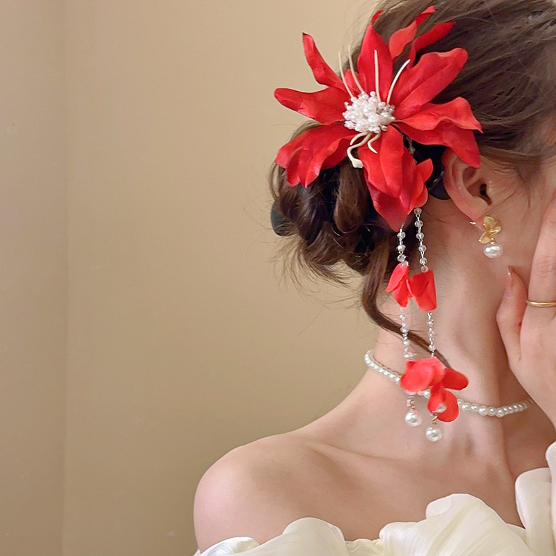 Franču retro romantiska sarkanas rozes ziedu matadata vasaras modes satvērēja haizivs klipsis pieejami grezni augstas klases matu aksesuāri