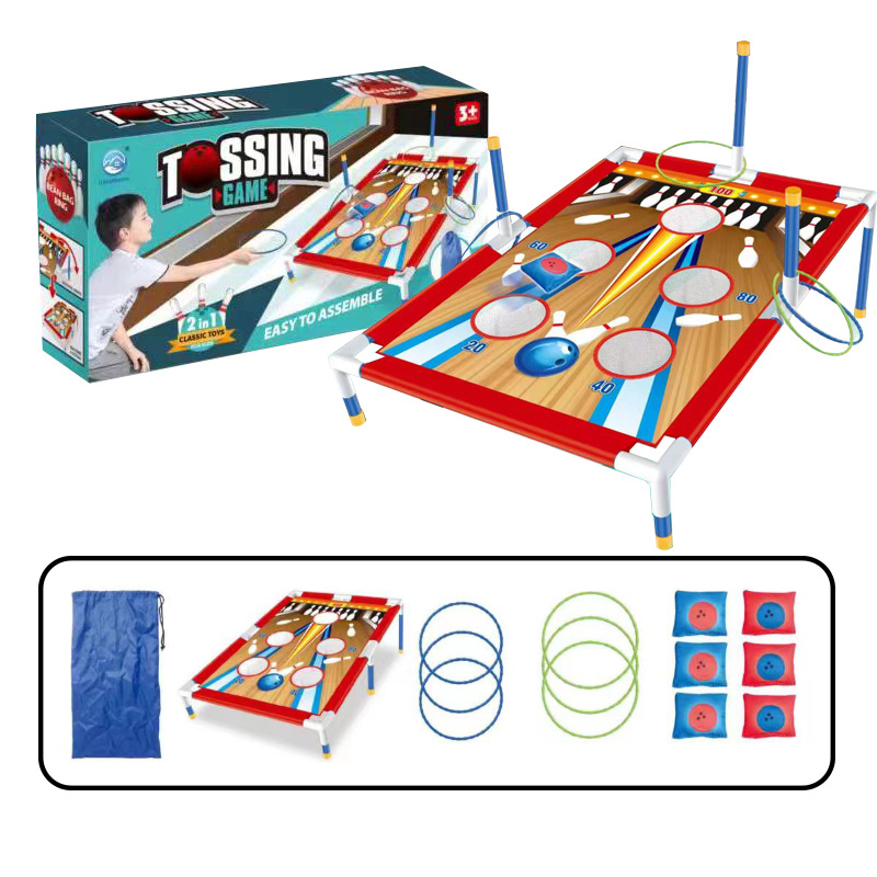 Dvigubas vaikiškas smėlio maišo žiedų mėtymo žaislinis kostiumas boulingo stiliaus stumdomas žaidimo rėmas, tėvų ir vaiko bendravimo varžybos