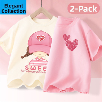 Детска лятна тениска с къс ръкав за момичета, нова 2025 г. от чист памук, моден топ за момичета, дишаща спортна тениска с половин ръкав