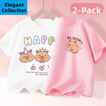 Детска лятна тениска с къс ръкав за момичета, нова 2025 г. от чист памук, моден топ за момичета, дишаща спортна тениска с половин ръкав