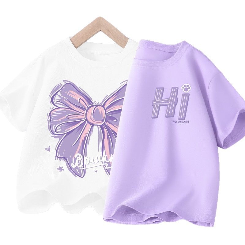 Детска лятна тениска с къс ръкав за момичета, нова 2025 г. от чист памук, моден топ за момичета, дишаща спортна тениска с половин ръкав