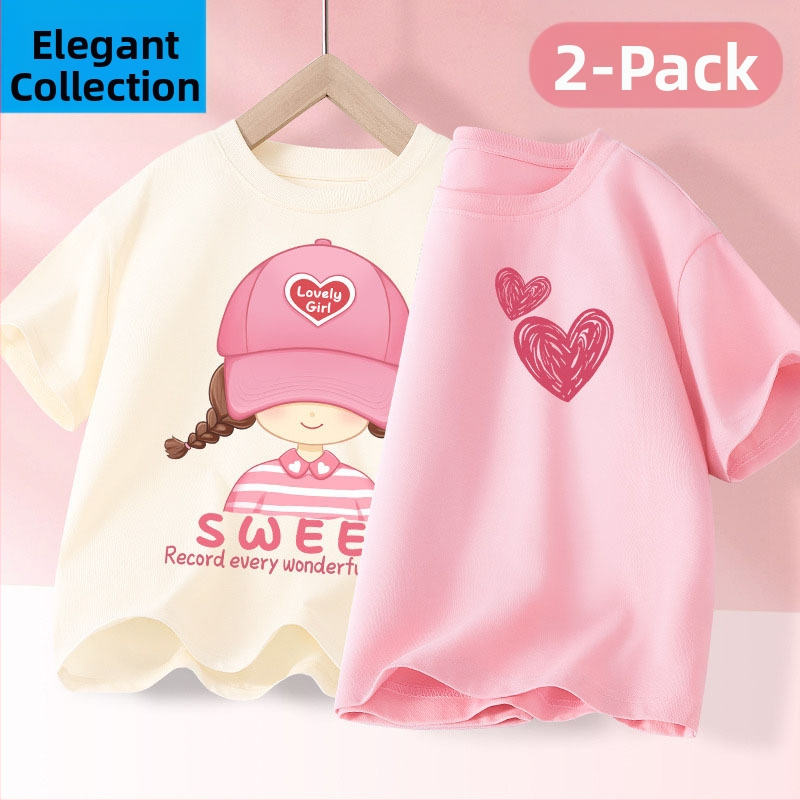 Детска лятна тениска с къс ръкав за момичета, нова 2025 г. от чист памук, моден топ за момичета, дишаща спортна тениска с половин ръкав