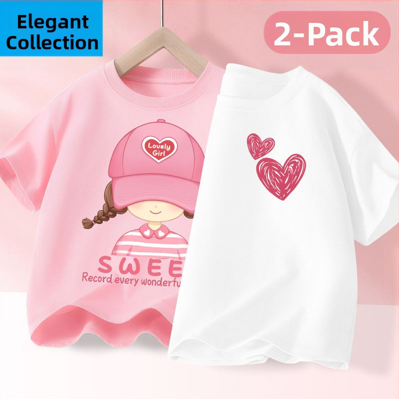 Детска лятна тениска с къс ръкав за момичета, нова 2025 г. от чист памук, моден топ за момичета, дишаща спортна тениска с половин ръкав