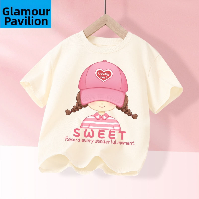 Детска лятна тениска с къс ръкав за момичета, нова 2025 г. от чист памук, моден топ за момичета, дишаща спортна тениска с половин ръкав