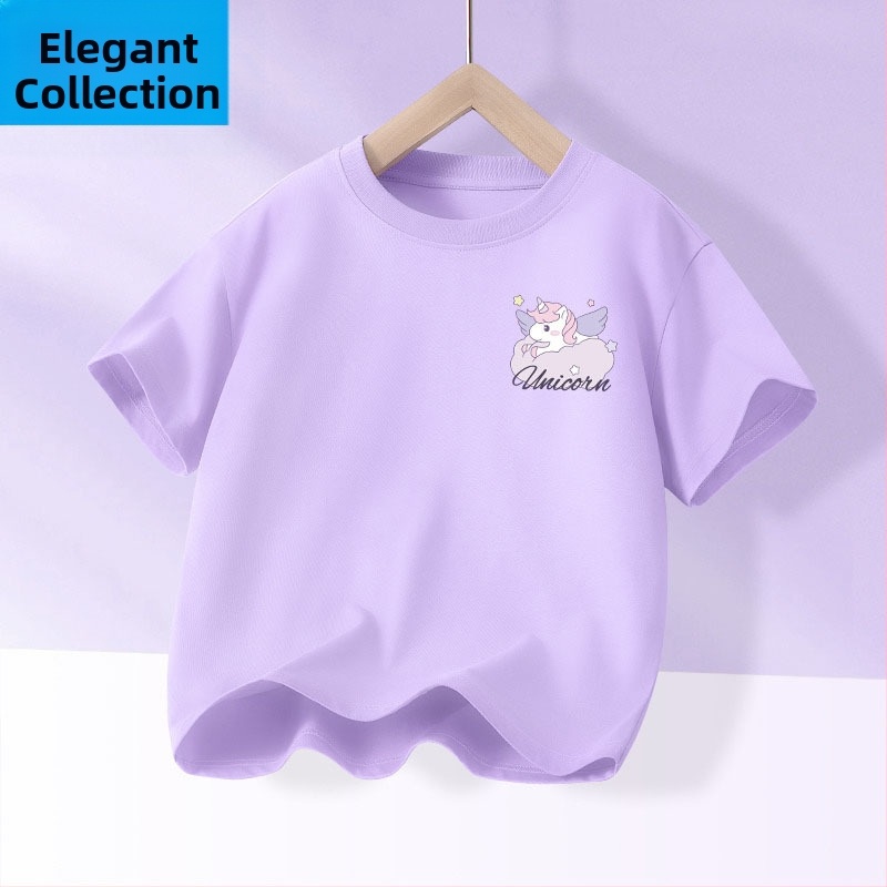 Детска лятна тениска с къс ръкав за момичета, нова 2025 г. от чист памук, моден топ за момичета, дишаща спортна тениска с половин ръкав