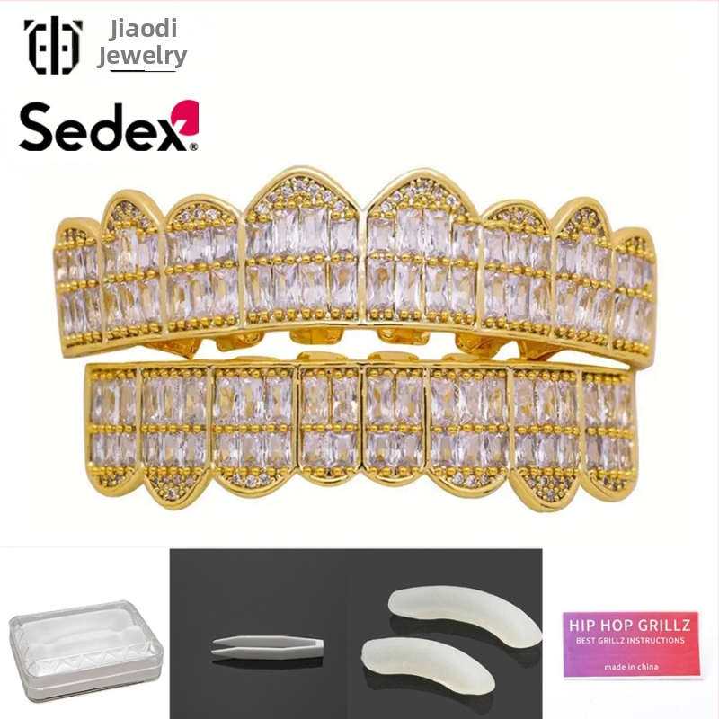Аксесоари за брекети за Хелоуин, трансгранични хип-хоп, 14-каратови истинско злато, галванизирани медни циркониеви брекети, преувеличени рап диамантени брекети