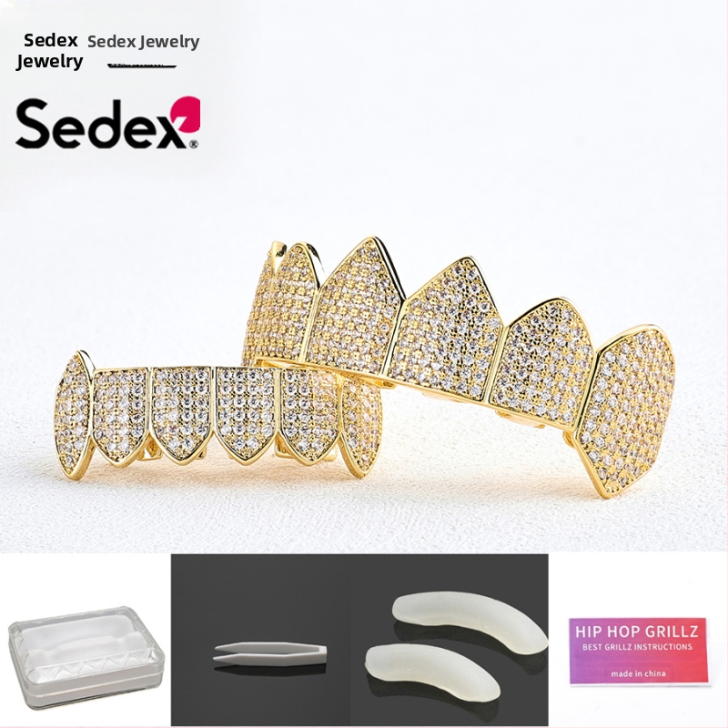 Аксесоари за брекети за Хелоуин, трансгранични хип-хоп, 14-каратови истинско злато, галванизирани медни циркониеви брекети, преувеличени рап диамантени брекети