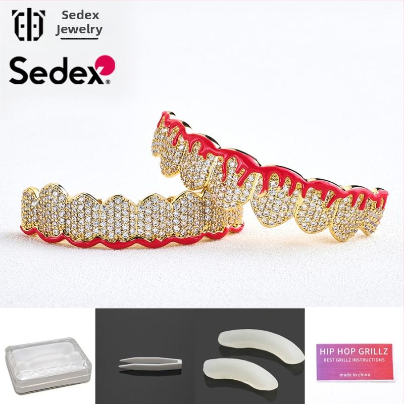 Аксесоари за брекети за Хелоуин, трансгранични хип-хоп, 14-каратови истинско злато, галванизирани медни циркониеви брекети, преувеличени рап диамантени брекети