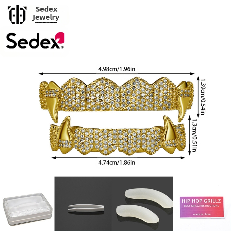 Аксесоари за брекети за Хелоуин, трансгранични хип-хоп, 14-каратови истинско злато, галванизирани медни циркониеви брекети, преувеличени рап диамантени брекети