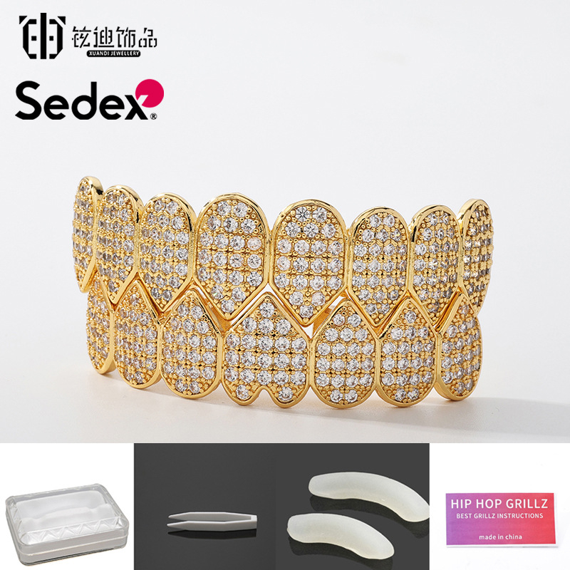 Аксесоари за брекети за Хелоуин, трансгранични хип-хоп, 14-каратови истинско злато, галванизирани медни циркониеви брекети, преувеличени рап диамантени брекети