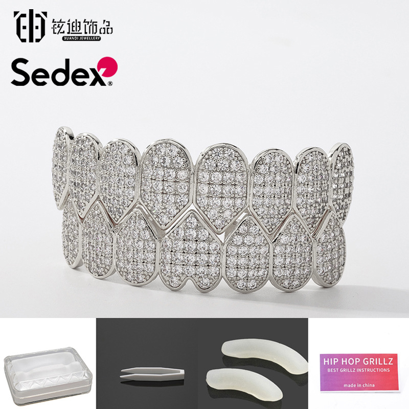 Аксесоари за брекети за Хелоуин, трансгранични хип-хоп, 14-каратови истинско злато, галванизирани медни циркониеви брекети, преувеличени рап диамантени брекети