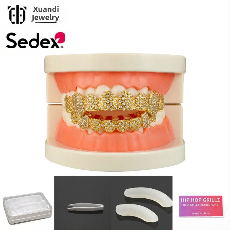 Аксесоари за брекети за Хелоуин, трансгранични хип-хоп, 14-каратови истинско злато, галванизирани медни циркониеви брекети, преувеличени рап диамантени брекети