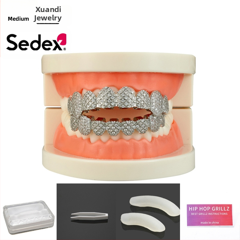 Аксесоари за брекети за Хелоуин, трансгранични хип-хоп, 14-каратови истинско злато, галванизирани медни циркониеви брекети, преувеличени рап диамантени брекети