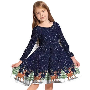 Κορίτσια μικρό φρέσκο φόρεμα με μακριά μανίκια 24 φθινοπωρινό νέο εξωτερικό εμπόριο Χριστουγεννιάτικη εκτύπωση ελαφιών μόδα χαριτωμένο GE01