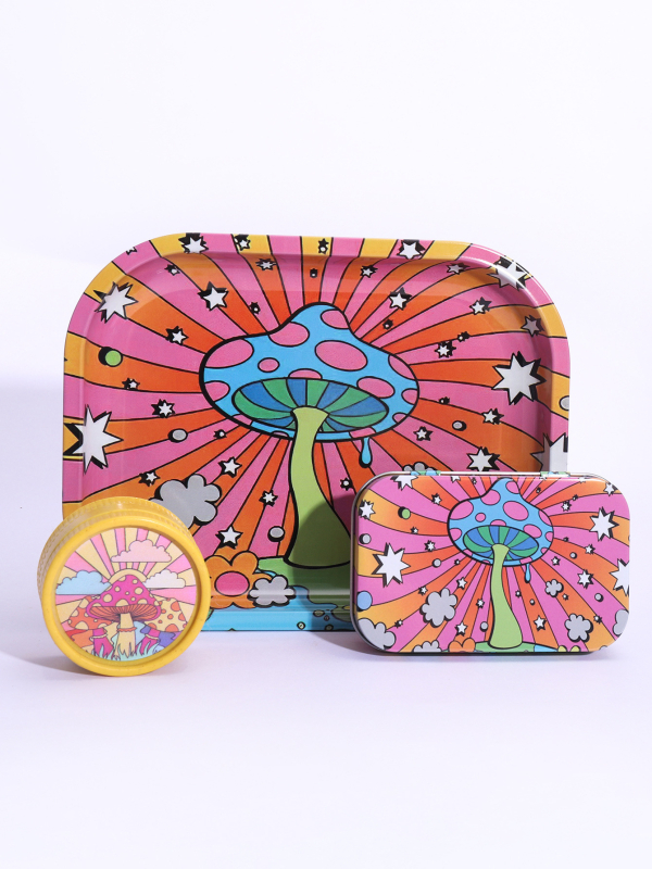 3 daļu smēķēšanas komplekts 18*14 cigarešu paplāte bioloģiski noārdāma 55 dzirnaviņu skārda kastes kombinācija