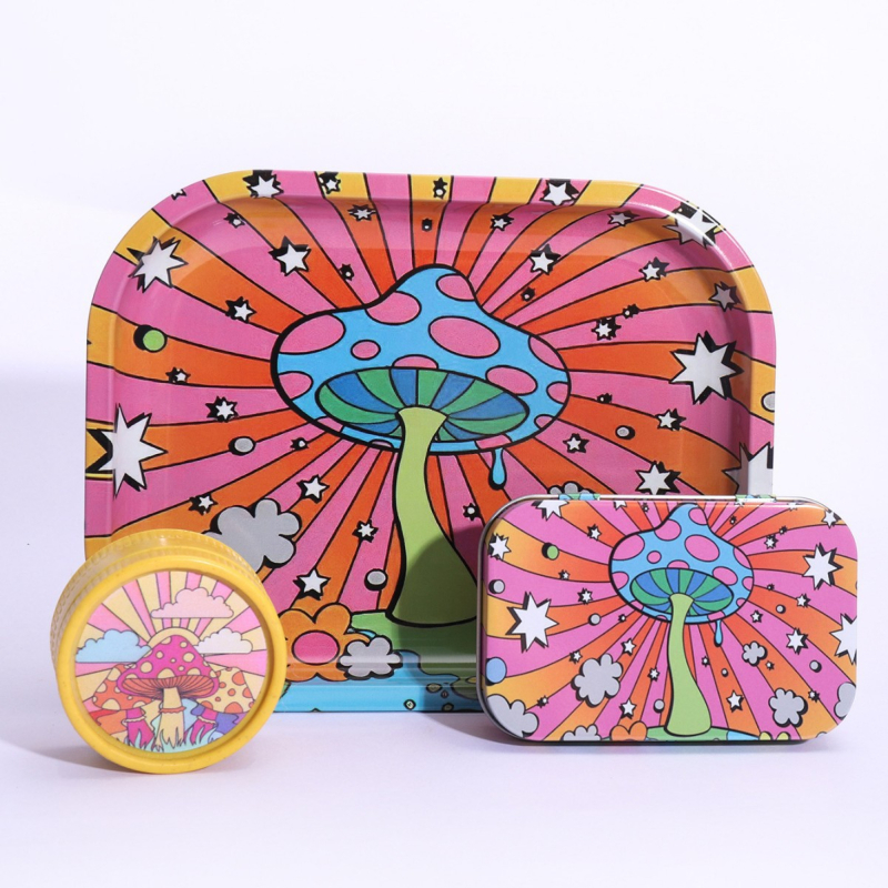 3 daļu smēķēšanas komplekts 18*14 cigarešu paplāte bioloģiski noārdāma 55 dzirnaviņu skārda kastes kombinācija