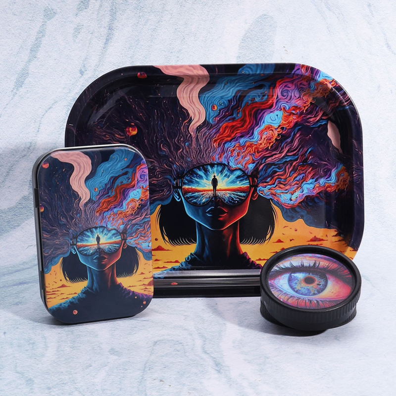 3 daļu smēķēšanas komplekts 18*14 cigarešu paplāte bioloģiski noārdāma 55 dzirnaviņu skārda kastes kombinācija