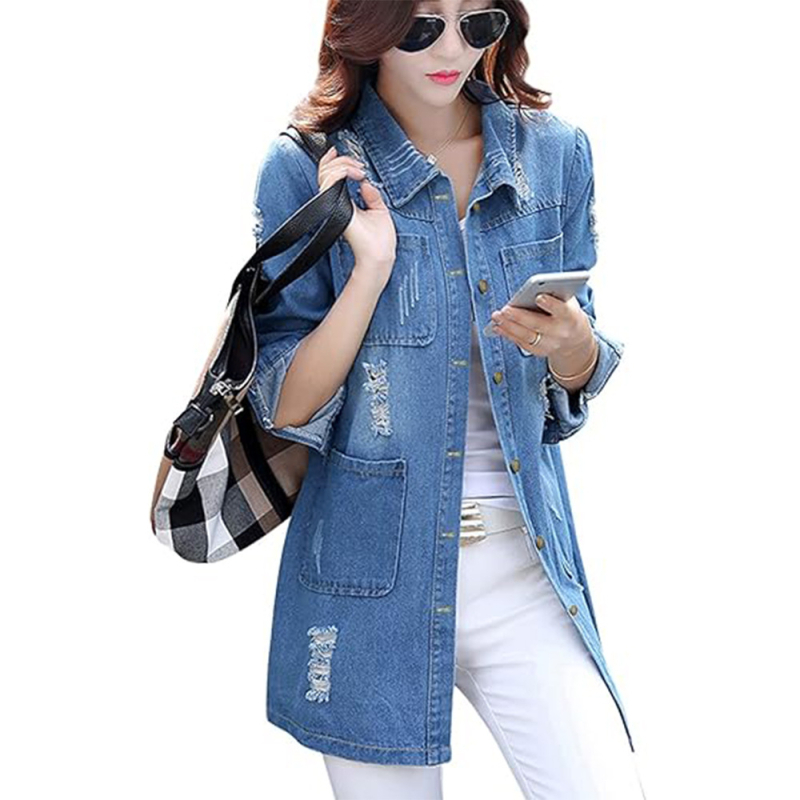 Skalbta moteriška rudens džinsinė striukė, pagaminta pagal užsakymą, daugiaspalvis raštuotas retro džinsinis švarkas.