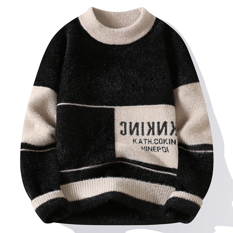 Muški Mink fleece džemper, uski kroj, jacquard pletenje, mock neck, jesen-zima 2024, smjesa poliester-pamuk