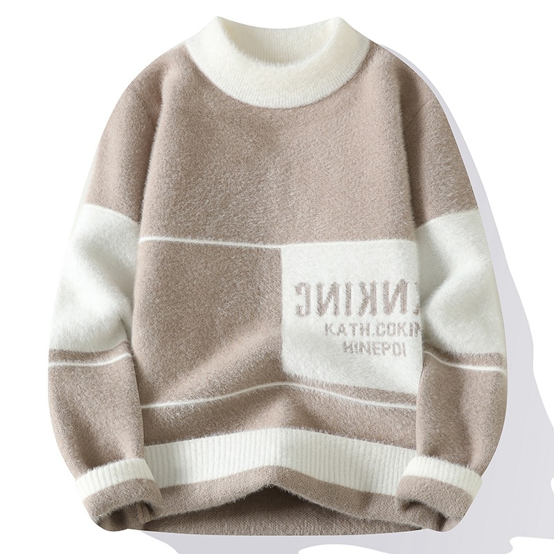 Muški Mink fleece džemper, uski kroj, jacquard pletenje, mock neck, jesen-zima 2024, smjesa poliester-pamuk