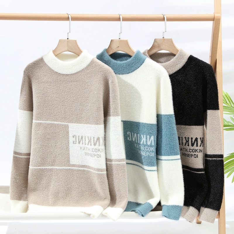 Muški Mink fleece džemper, uski kroj, jacquard pletenje, mock neck, jesen-zima 2024, smjesa poliester-pamuk