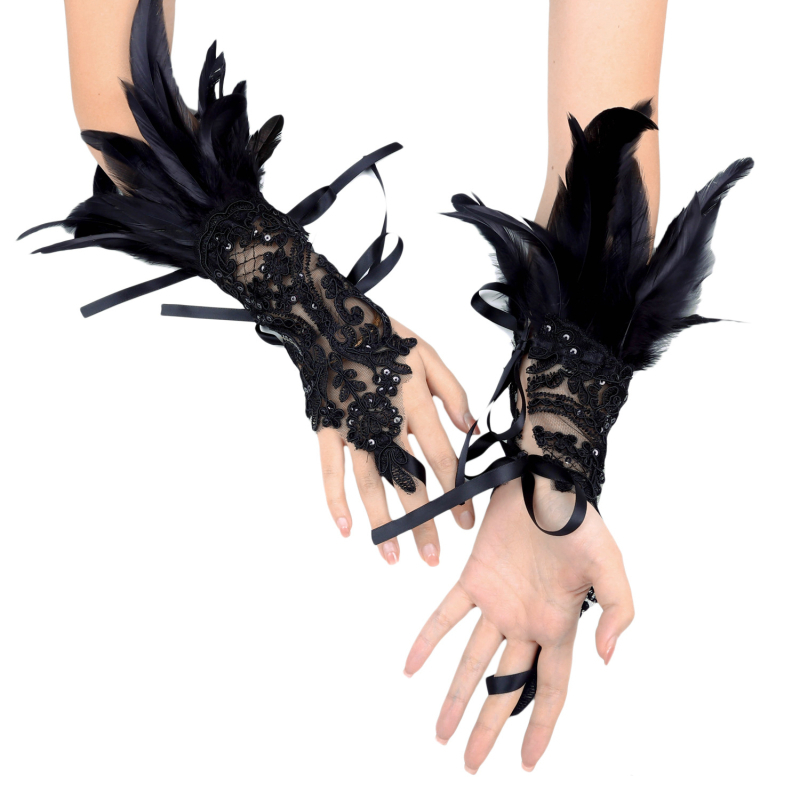 Etenduskleidi aksessuaarid Halloweeni sulgedest konkskindad People Ball musta pitsiga manseti aksessuaarid