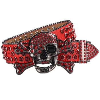 Curea de damă cu cataramă de craniu cu strasuri europene și americane pentru bărbați, stil hip hop punk, curea personalizată la modă, curea completă cu diamant pentru femei
