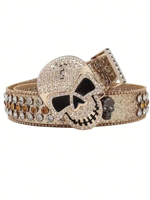 Curea de damă cu cataramă de craniu cu strasuri europene și americane pentru bărbați, stil hip hop punk, curea personalizată la modă, curea completă cu diamant pentru femei
