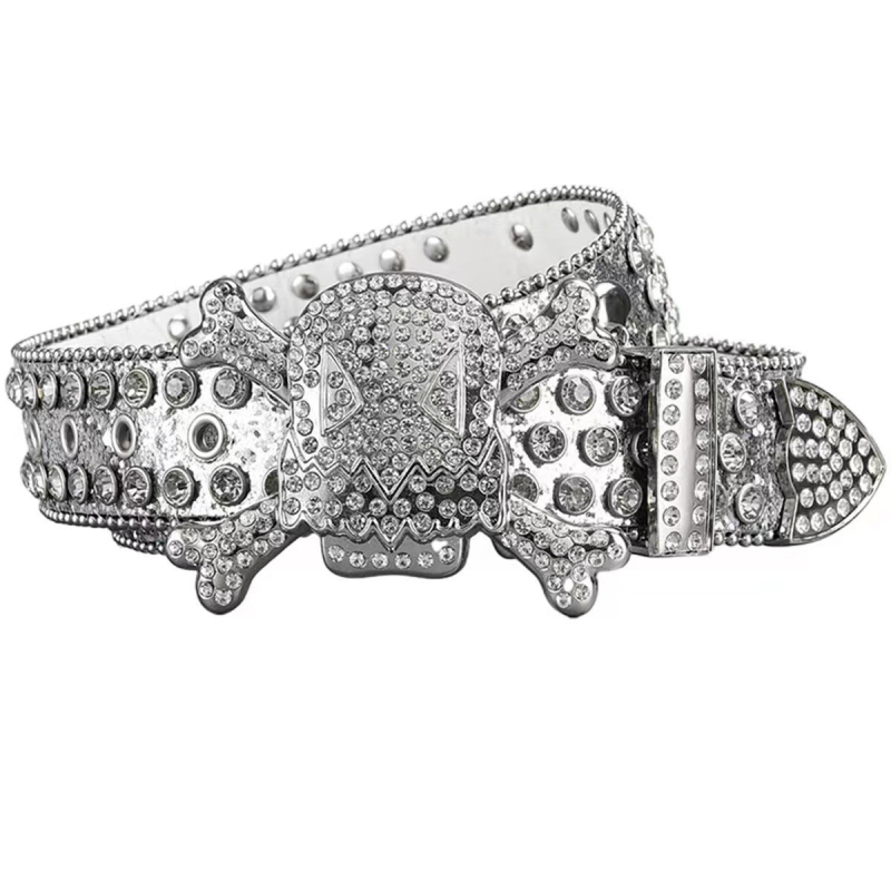 Curea de damă cu cataramă de craniu cu strasuri europene și americane pentru bărbați, stil hip hop punk, curea personalizată la modă, curea completă cu diamant pentru femei