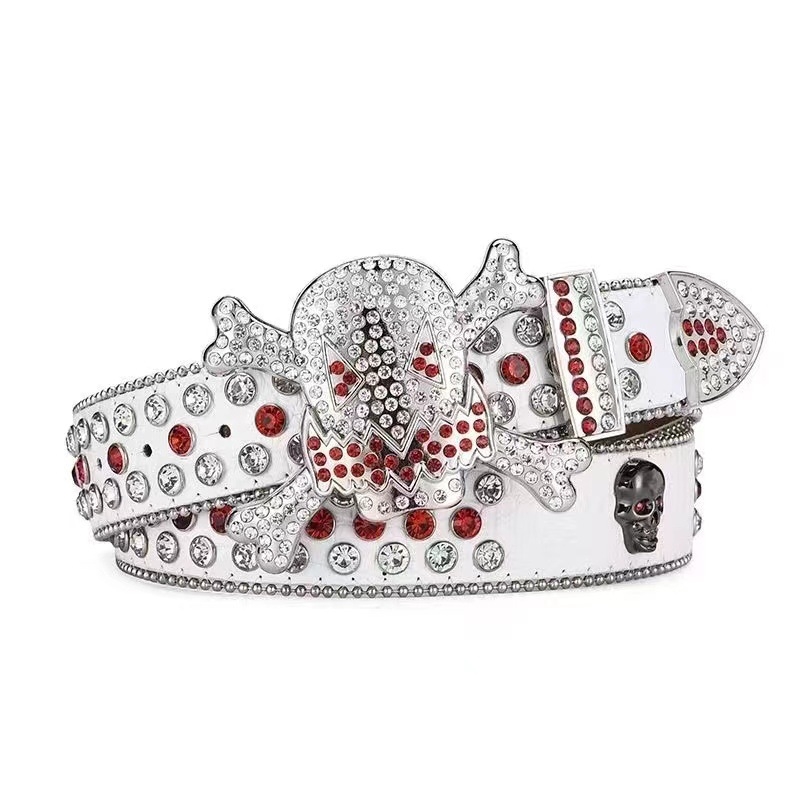 Curea de damă cu cataramă de craniu cu strasuri europene și americane pentru bărbați, stil hip hop punk, curea personalizată la modă, curea completă cu diamant pentru femei