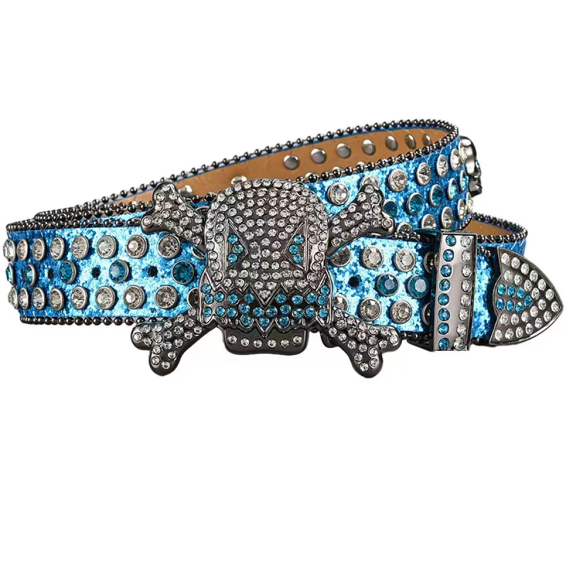 Curea de damă cu cataramă de craniu cu strasuri europene și americane pentru bărbați, stil hip hop punk, curea personalizată la modă, curea completă cu diamant pentru femei