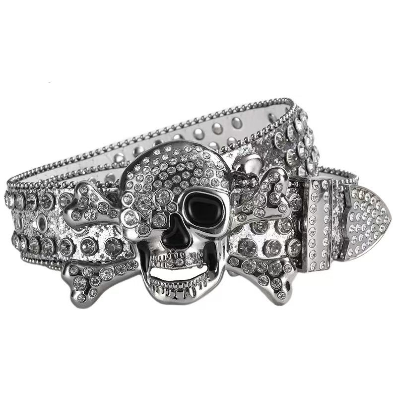 Curea de damă cu cataramă de craniu cu strasuri europene și americane pentru bărbați, stil hip hop punk, curea personalizată la modă, curea completă cu diamant pentru femei