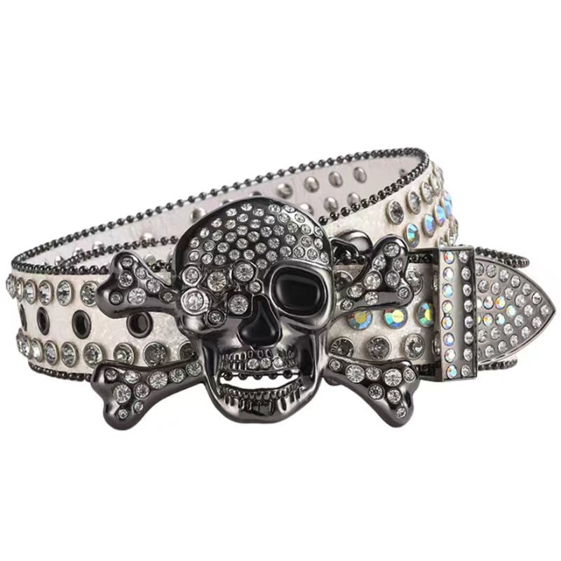 Curea de damă cu cataramă de craniu cu strasuri europene și americane pentru bărbați, stil hip hop punk, curea personalizată la modă, curea completă cu diamant pentru femei