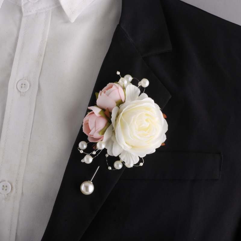 Mori vestuvių nuotakos ir jaunikio korsažo riešo gėlės pieno spalvos imitacija rožės sagė rankų gėlė gamyklos tiesioginė XH102