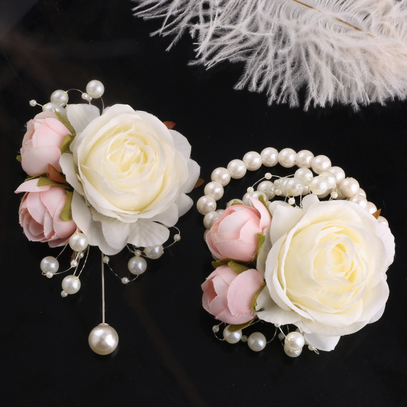 Mori vestuvių nuotakos ir jaunikio korsažo riešo gėlės pieno spalvos imitacija rožės sagė rankų gėlė gamyklos tiesioginė XH102