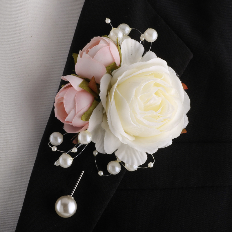 Mori vestuvių nuotakos ir jaunikio korsažo riešo gėlės pieno spalvos imitacija rožės sagė rankų gėlė gamyklos tiesioginė XH102